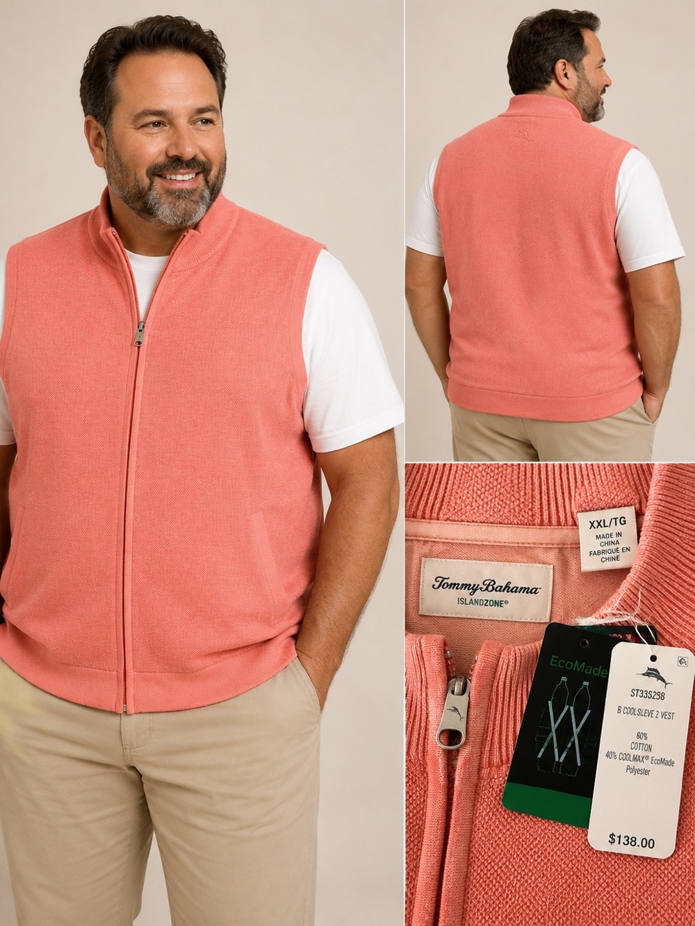 Tommy Bahama Coral Pink Sleeveless Zip-Up Sweater Vest